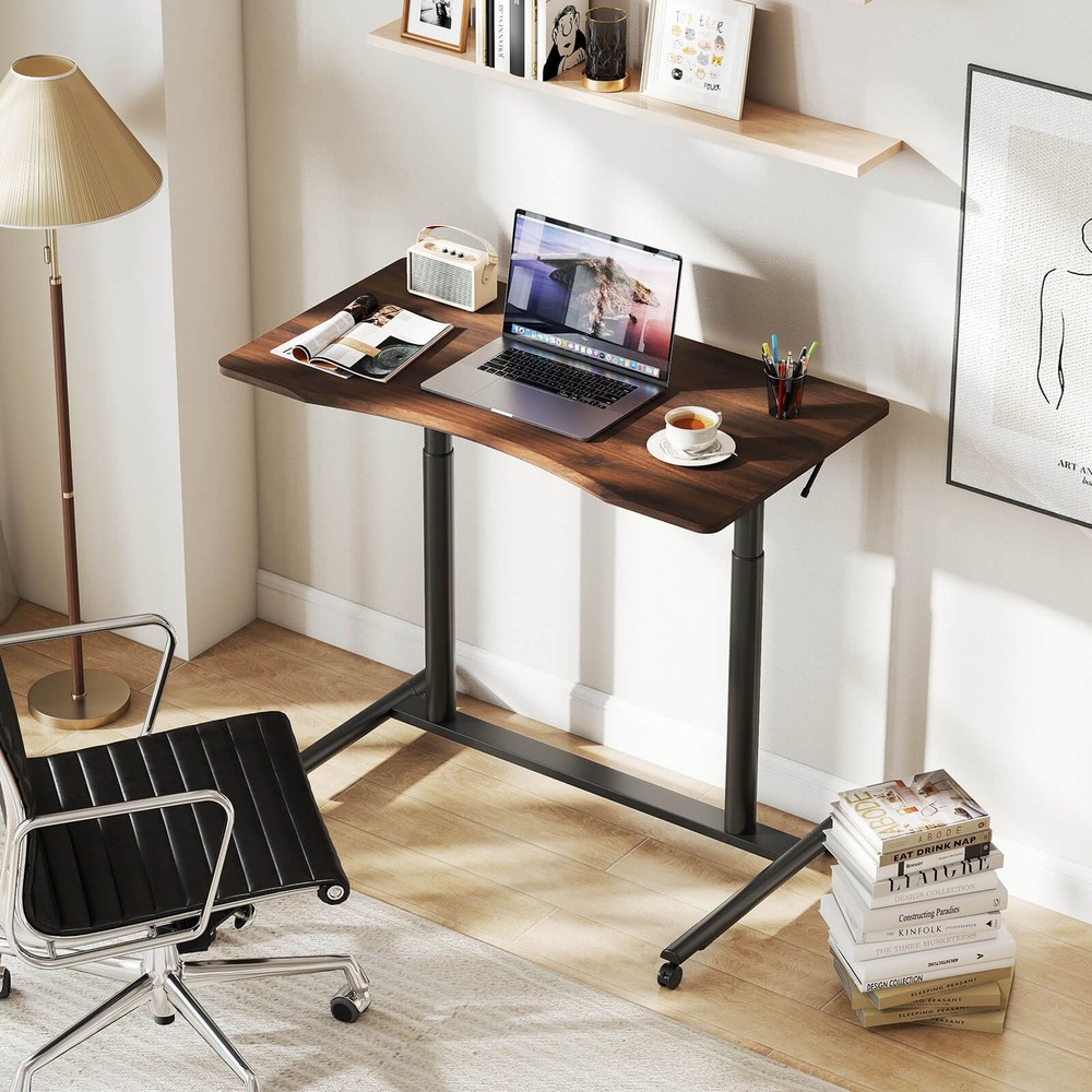 Costway Height Adjustable Computer Desk Sit Stand Rolling Notebook Table Brown