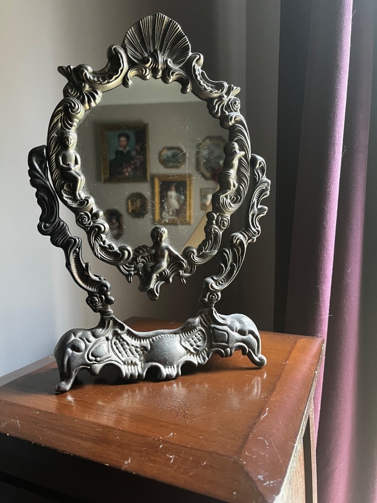Vintage Mirror Silver Plated Swing Adjustable Vanity Cherubs & Clam Shell