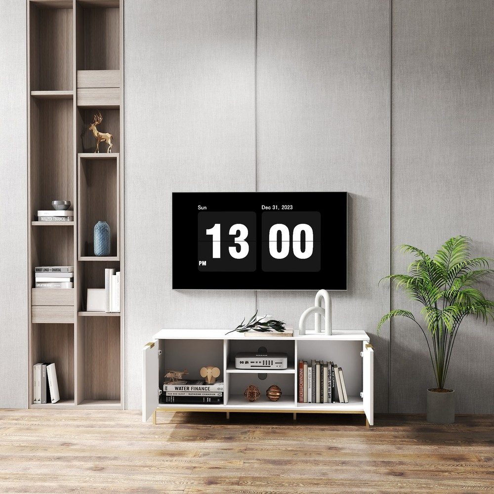 Modern TV Stand with Wave-Design Doors, Open Shelf & Adjustable