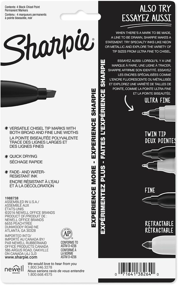 Permanent Markers Chisel Tip Black 4-Pack Fine Bold Writing Ink
