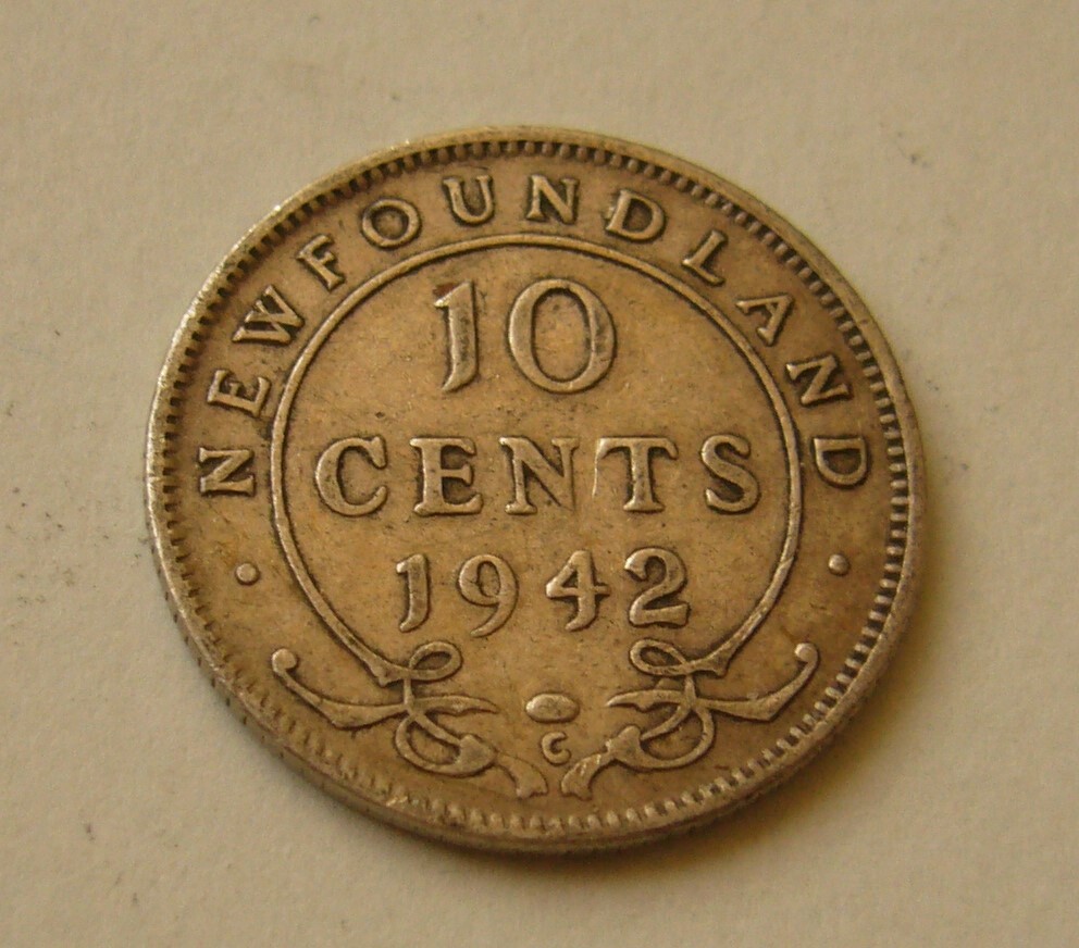 1942 c Newfoundland 10 Cent Silver Coin