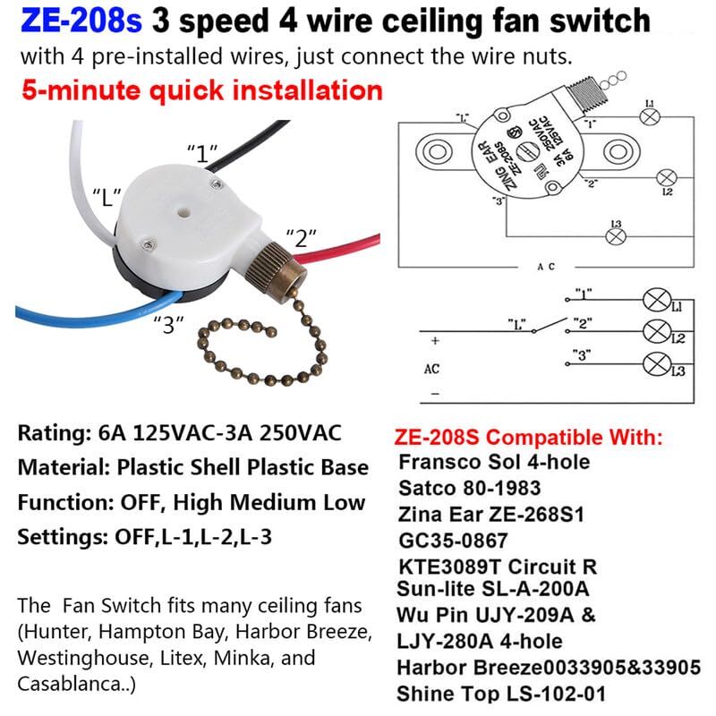 Ceiling Fan Switch Ze208s E89885 3 Speed 4 Wire Fan Light Switch Replacement Par
