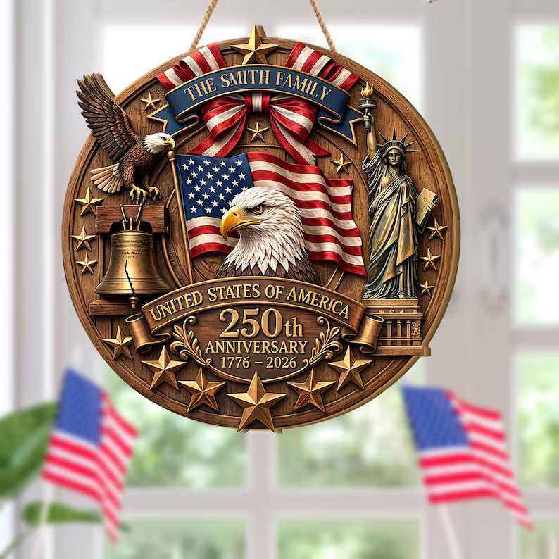 Personalized American Eagle Wall Sign with Rope Custom Patriotic
