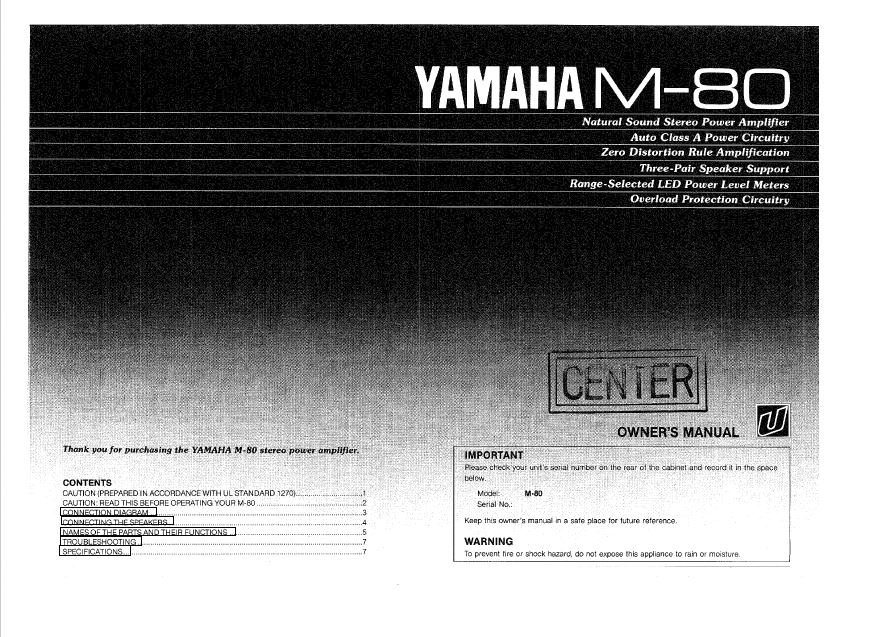 Yamaha M-80 Amplifier Owners Manual