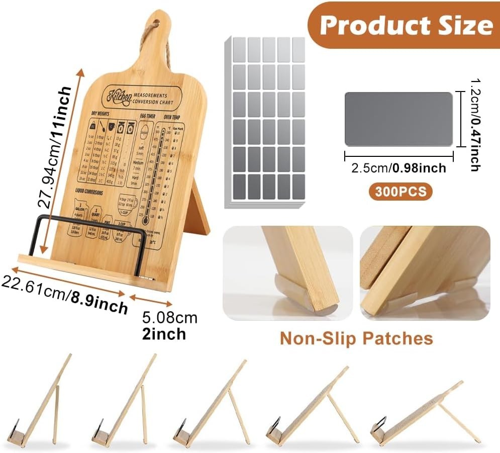 Rustic Wooden Cookbook Stand with Measurement Chart - Space-Saving & Adjustable