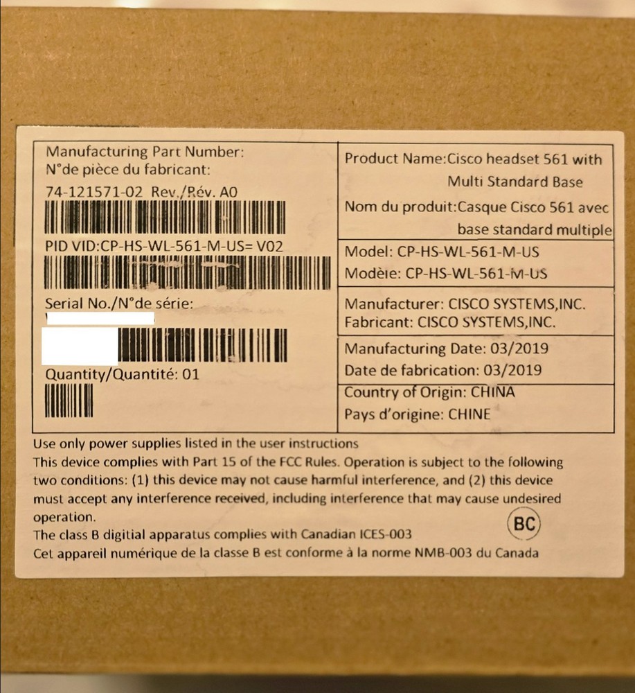 Cisco Headset 561 with Multi Standard Base (Single) - CP-HS-WL-561-M-US