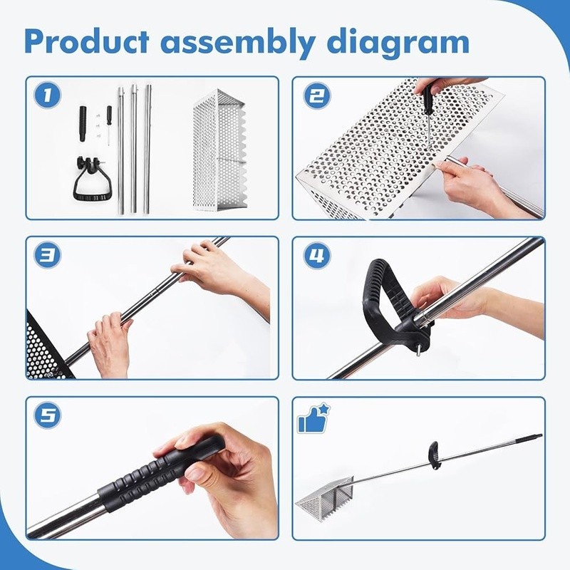 Stainless Steel Sand Flea Rake W/ Auxiliary Handle Detachable Design Beach Tool