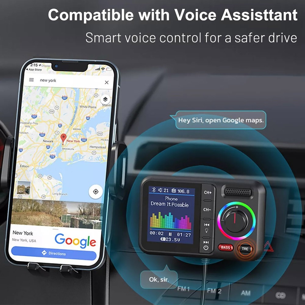 Wireless Bluetooth 5.0 Car FM Transmitter Adapter 2USB PD Charger AUX Hands-Free