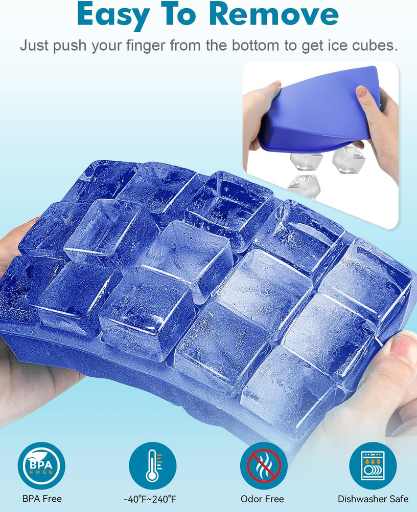 2 Pack Silicone Ice Cube Trays for Cocktail, Easy Release Square Ice Cubes Mold