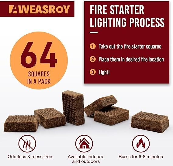 Fire Starter Squares 64, Odorless Fire Starters for Fireplace, Camping