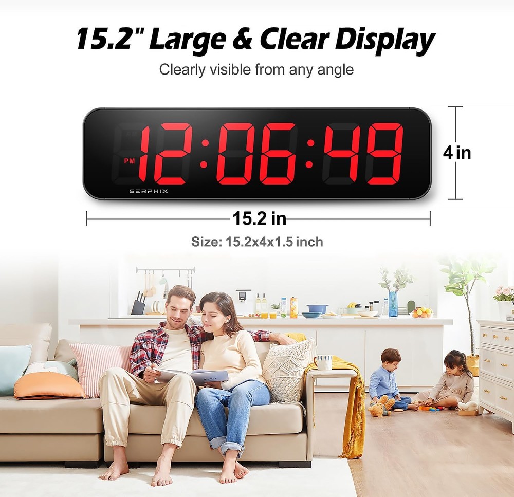 15.2" Large Digital Wall Clock with App & Remote Control, Customizable RGB Co...