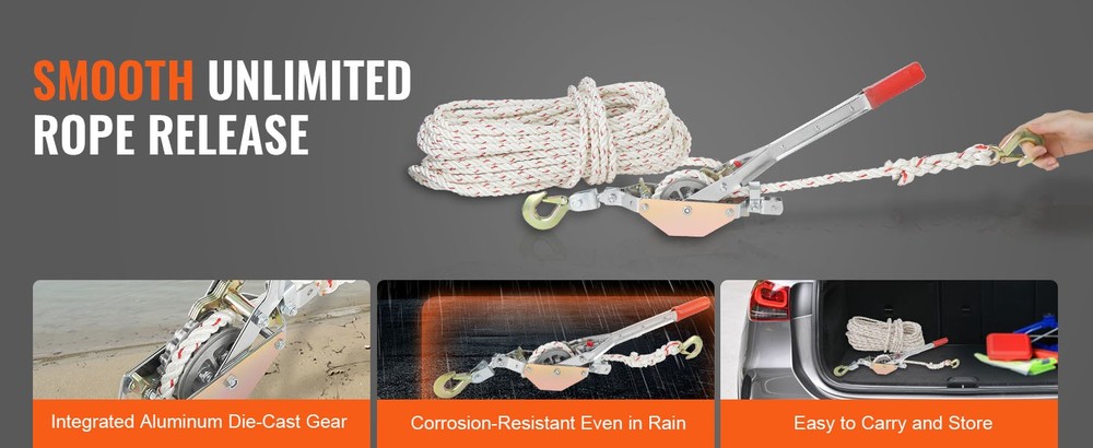 Rope Puller 1653lbs Pulling Capacity with 100' 0.6" Diameter Come Along Winch