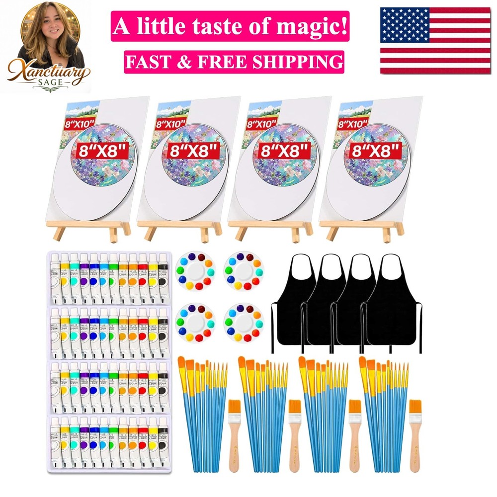 4 Pack Canvas and Easel Set, 8x10 Inch Square& Circular Canvas with Easel Sta...