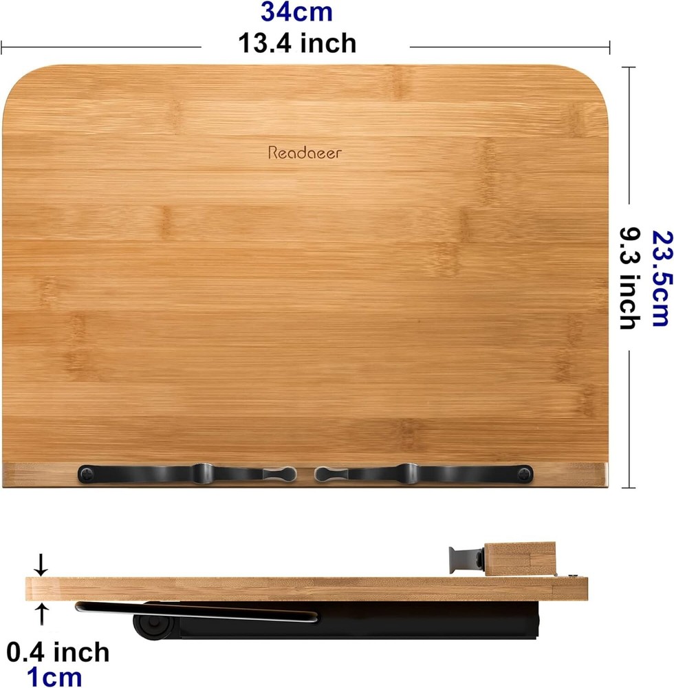 Readaeer Bamboo Book Stand Large Book Holder with 6 Adjustable Height Foldable
