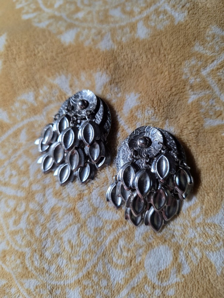 Clip On Earrings Silver Tone Art Deco