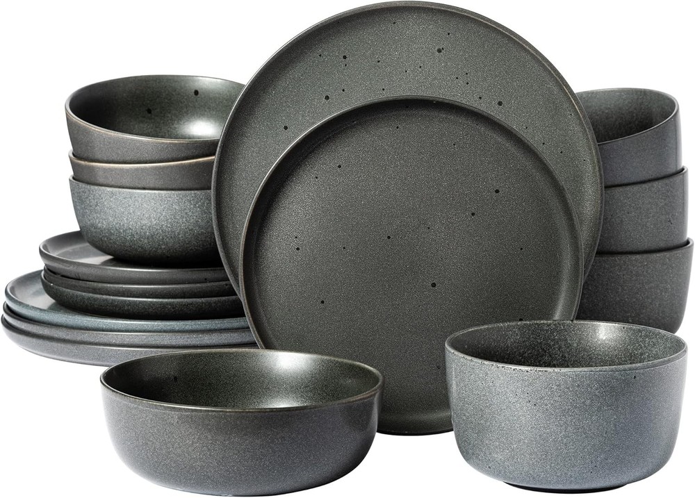 James Street Stoneware Matte Reactive Double Bowl Dinnerware Set Truffle Grey