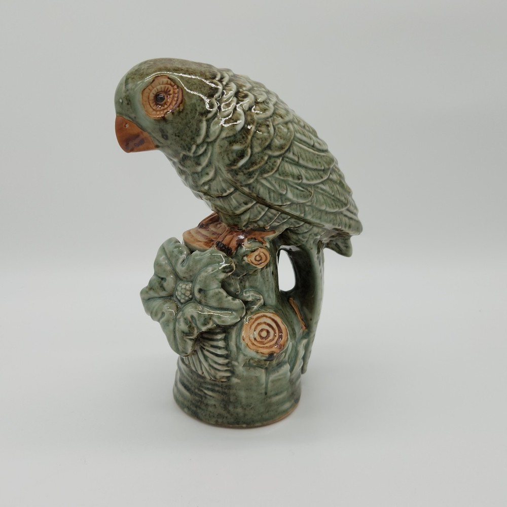 Parrot Ceramic Figurine Green Glaze 8" Tall