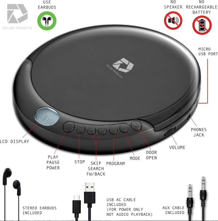 CD Player Portable with 60 Second Anti-Skip Stereo Earbuds Includes Aux-in Cable
