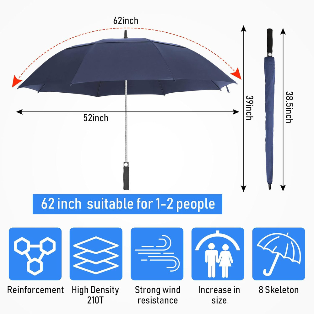 Large Automatic Open Golf Umbrella 62 Inch Double Canopy Rain Umbrella Windproof