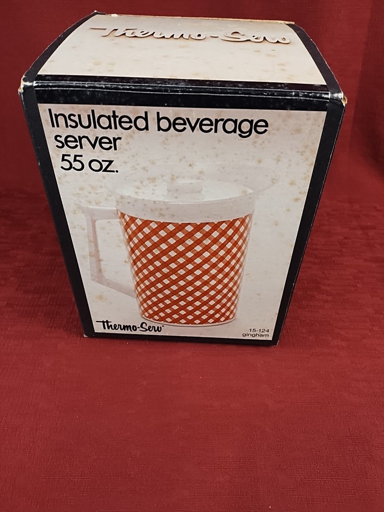 Thermo Serv White And Red Checked 55oz Insulated Beverage Server IOB