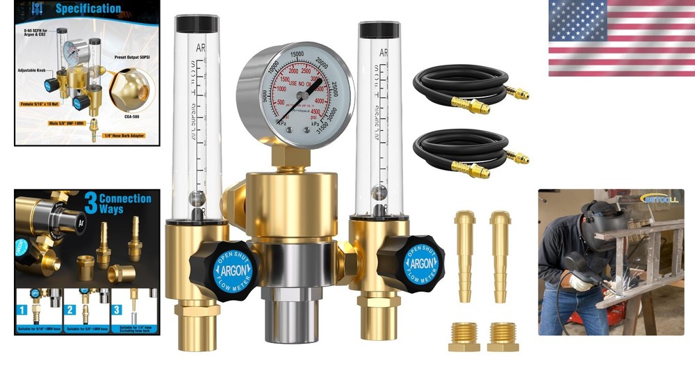 Wide Compatibility Dual Flow Meter Argon Regulator with Flow Indicator & Hoses