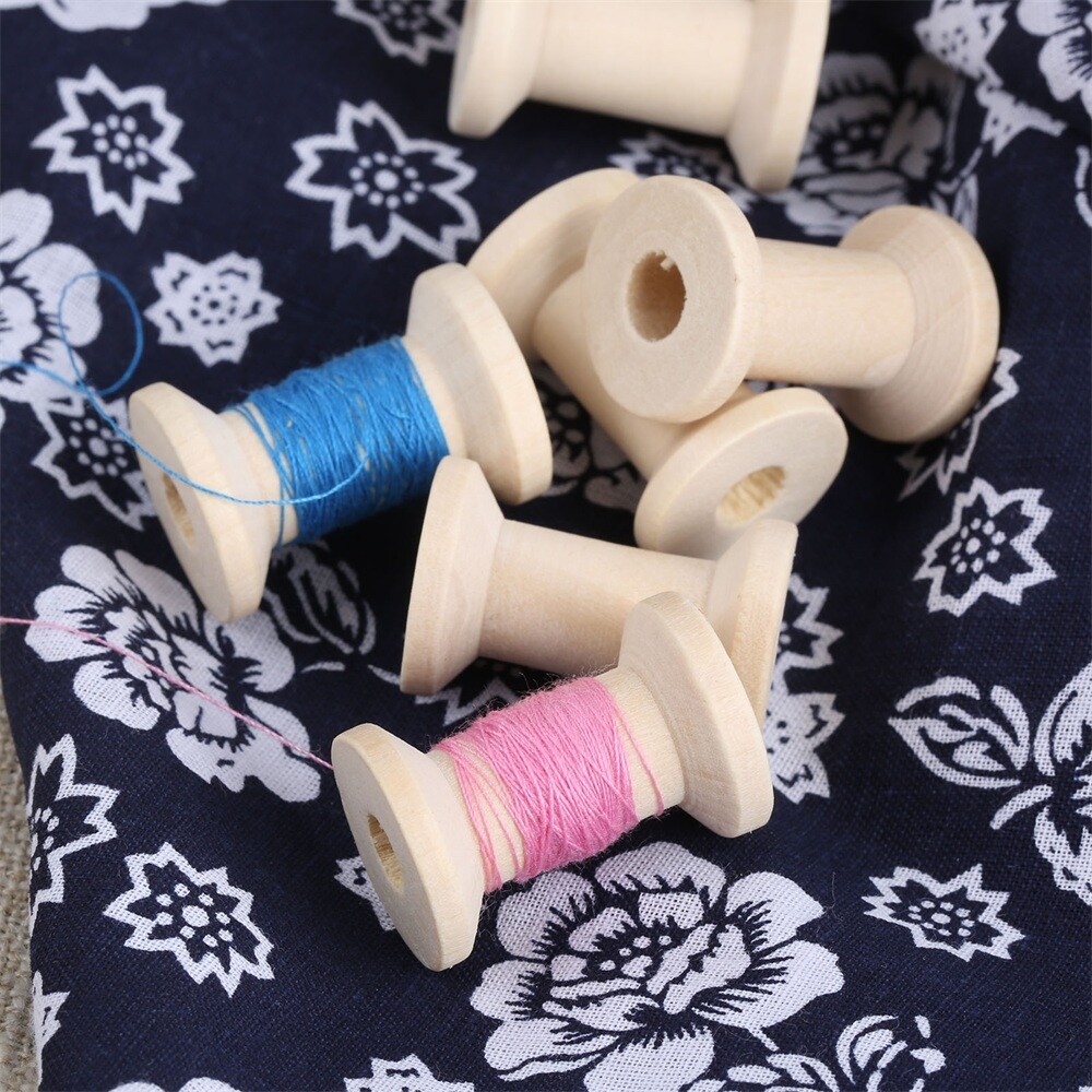 10Pcs Wooden Thread Spools Needlework Bobbins Ribbon Reels Organizer Sewing Tool