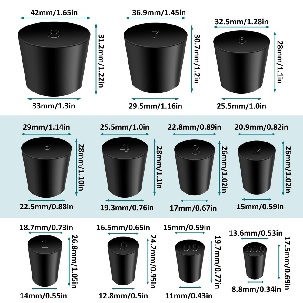 Rubber Stopper - 22 Pcs Solid Rubber Stoppers,11 Assorted Sizes 000# - 8# Tapere