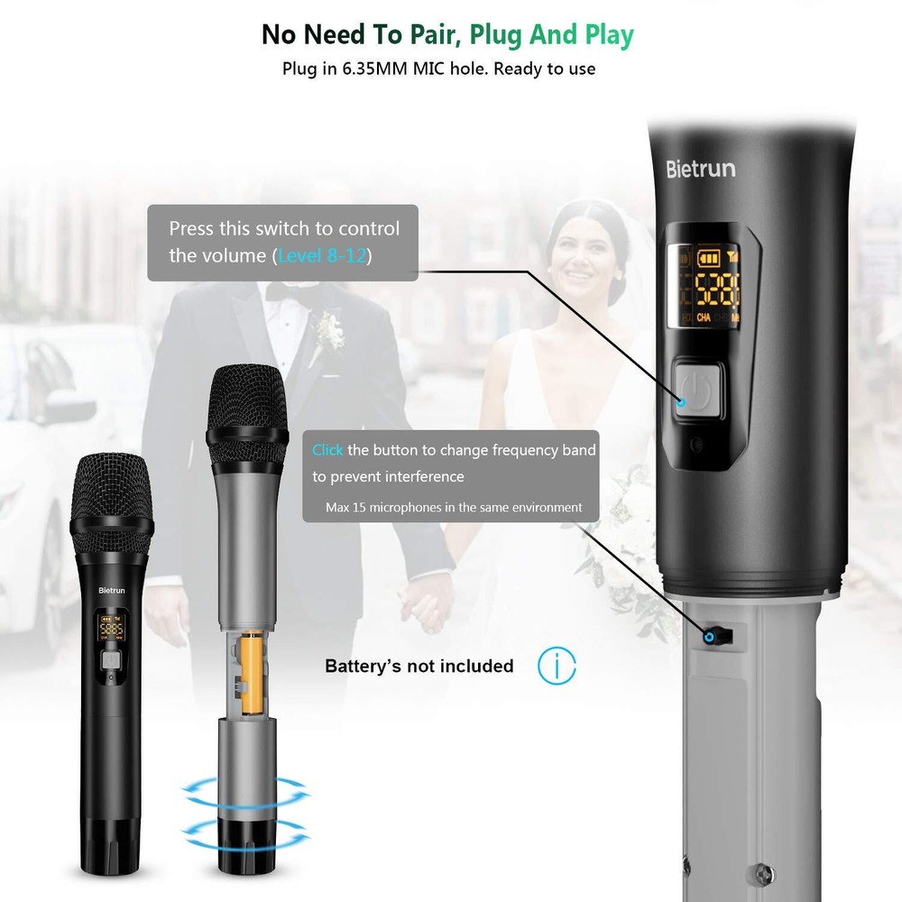 Wireless Microphone with Bluetooth Professional UHF Dual Handheld Dynamic Met...