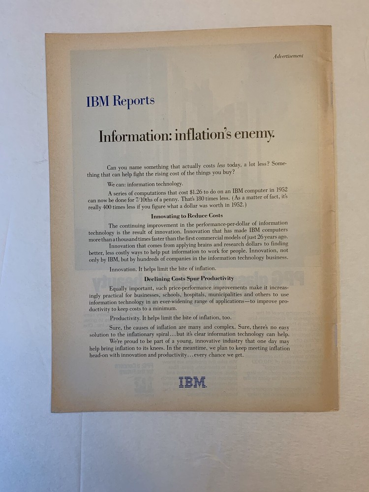 1978 IBM Information Inflation’s Enemy Print Ad System Computer Original Vinatge