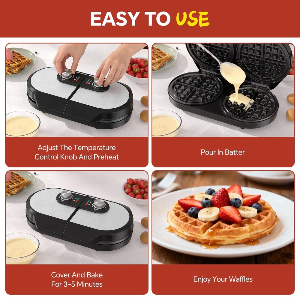 Double Waffle Maker, Belgian 6.5 Inch 2 Slices, Black