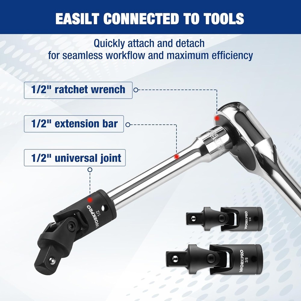 WORKPRO 3PC Universal Joint Socket Adapter Flexible U-Joint Set 1/4" 3/8" 1/2"Dr