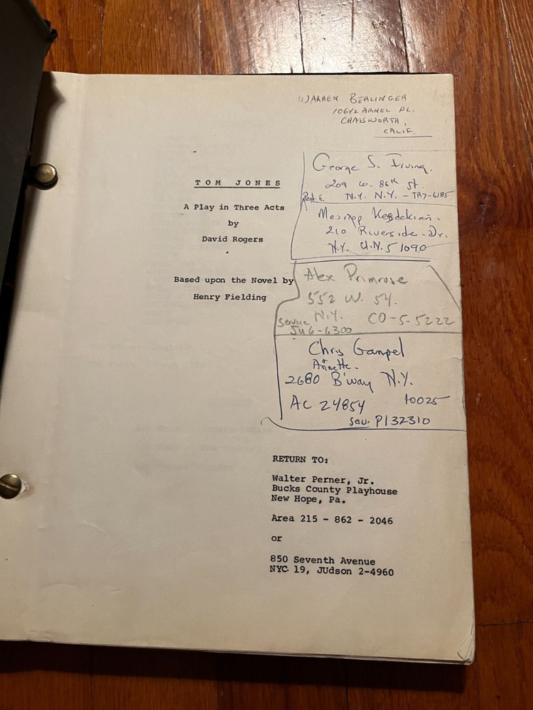 Rare Original 1960's Theatre Script "Tom Jones" lead actor's script
