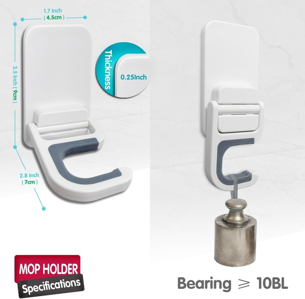 Broom Holder Wall Mount, Mount Self Adhesive, White-6pack