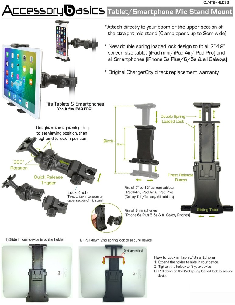 Accessory Basics EasyAdjust cymbal Microphone Mic Stand Tablet Mount for Most