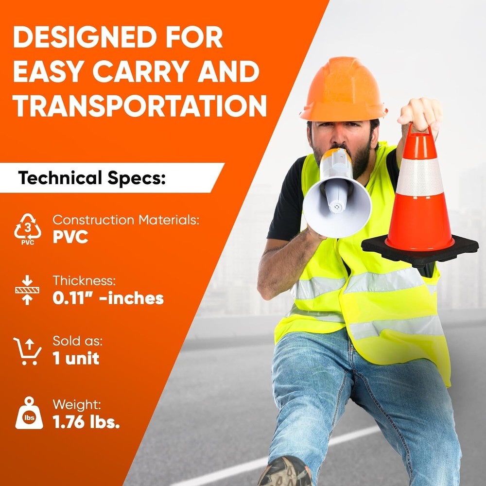 Pyle 12" PVC Cone - 6 Pieces High Visibility Structurally Stable for Traffic