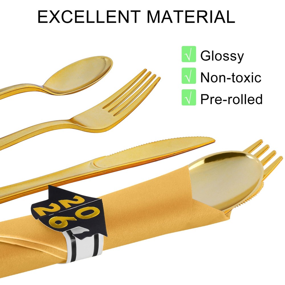 50 Pack Pre Rolled Gold Plastic Silverware Sets Graduation Heavy Duty Plastic...