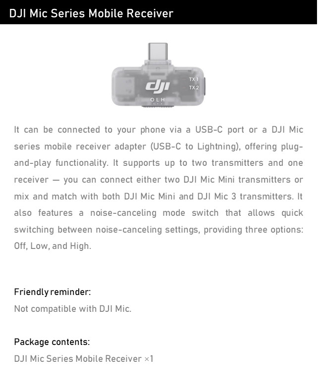 DJI Mic Series Wireless Receiver for Mobile Phones