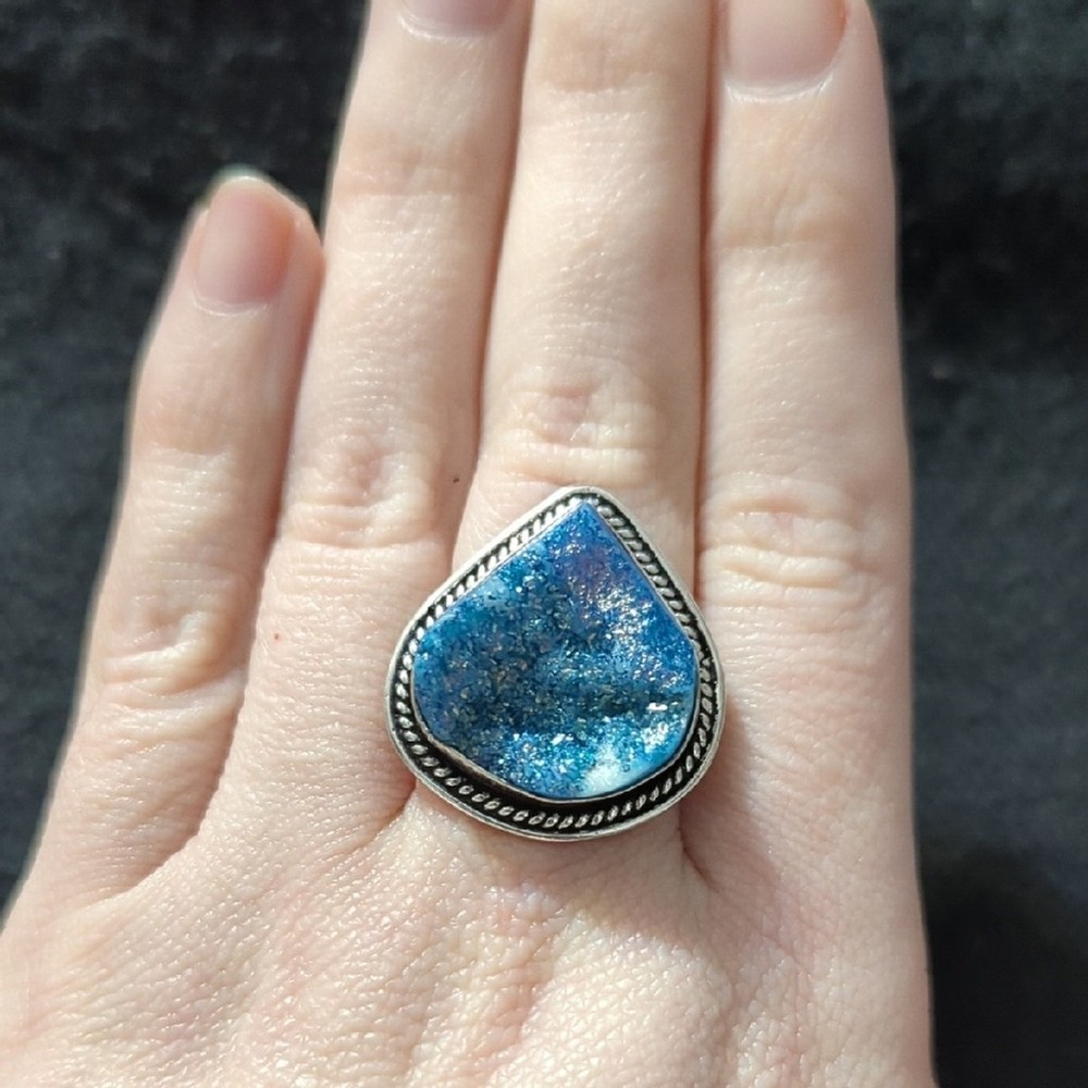 Silver Plated Blue Agate Druzy Gemstone Teardrop Statement Ring - Size 9