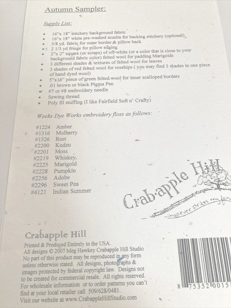 Crabapple Hill #309 ~ Embroidery Pillow Pattern ~ AUTUMN SAMPLER