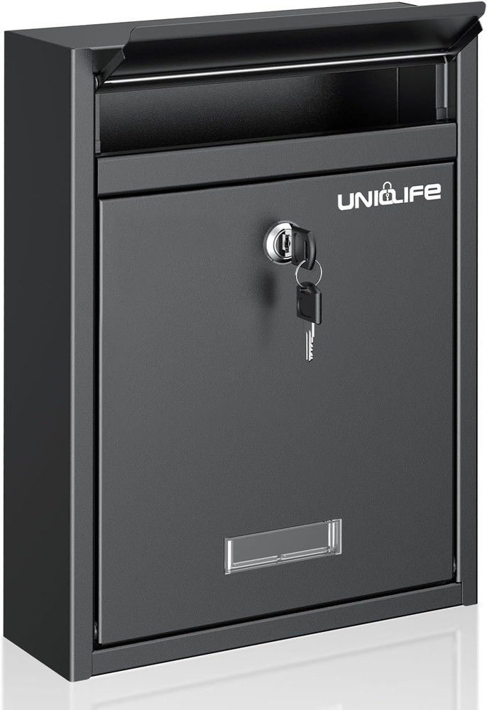 Locking Wall Mount Mailbox Large Black Steel Secure Mail Box Key Drop