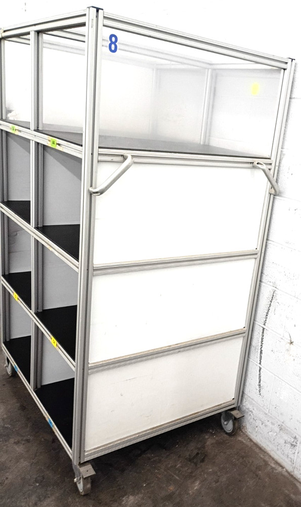 A ROBUST 8-CUBICLE ROLLING REBIN CART, FOR ANY WAREHOUSE, GARAGE, OR WORKSHOP