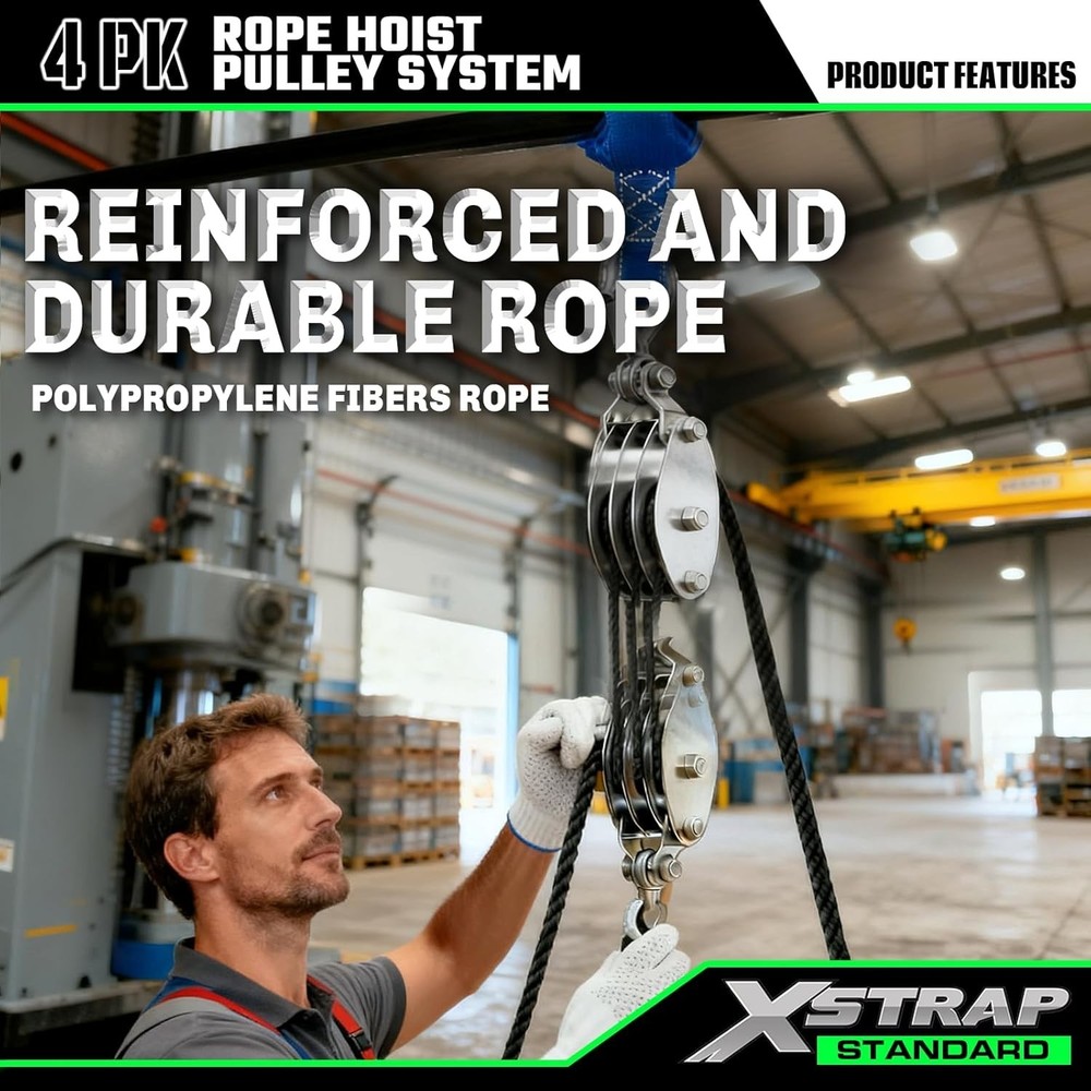 Efficient 50 FT Block & Tackle Pulley System with Soft Loops - 2000 LB Strength