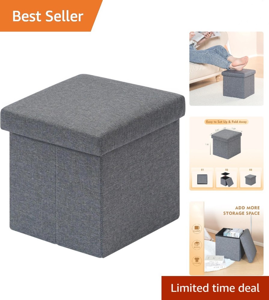 Compact Multi-Purpose Grey Ottoman Cube - Linen Footrest for Living Spaces 11.8"