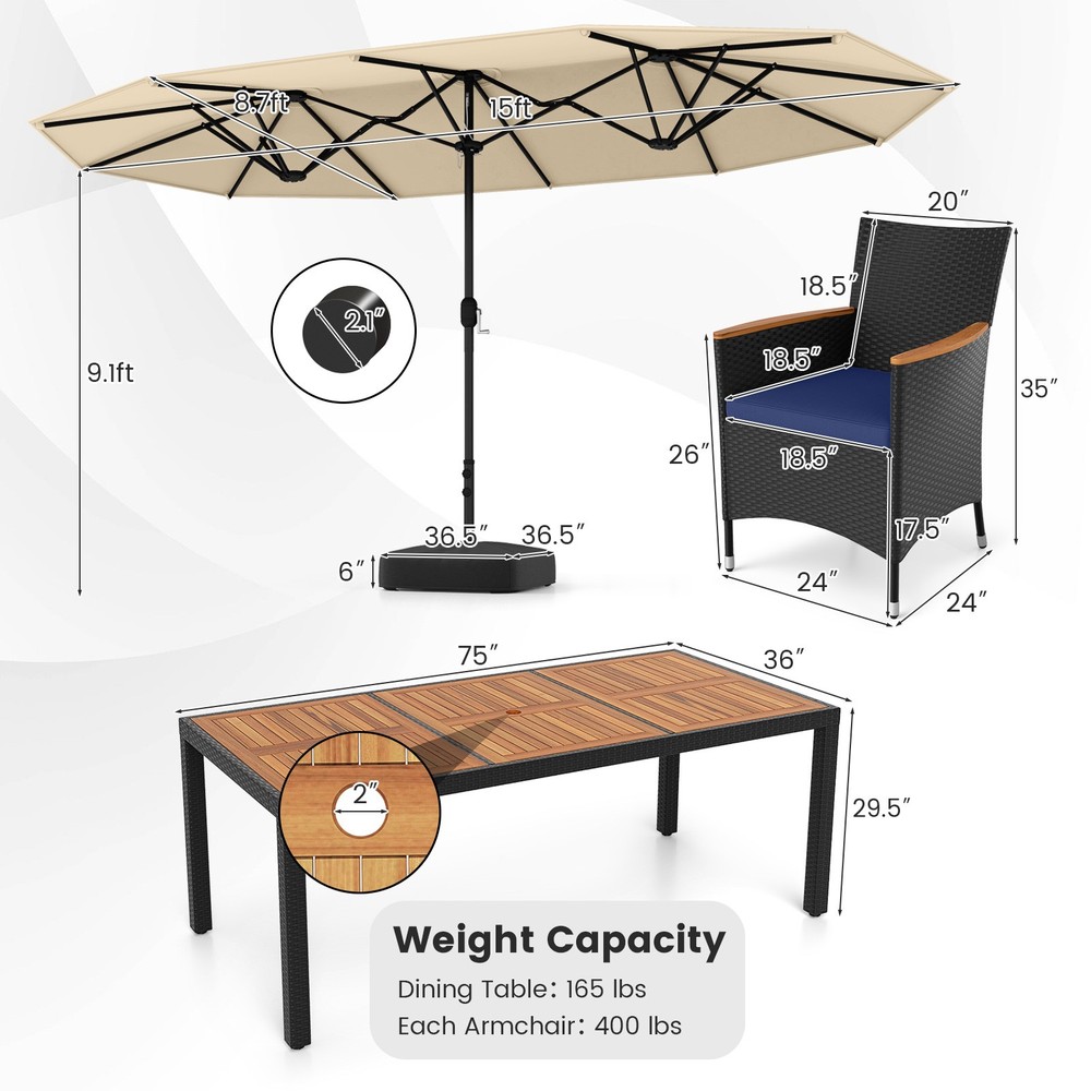 11 PCS Patio Wicker Dining Set w/Double-Sided Outdoor Umbrella 8 Stackable