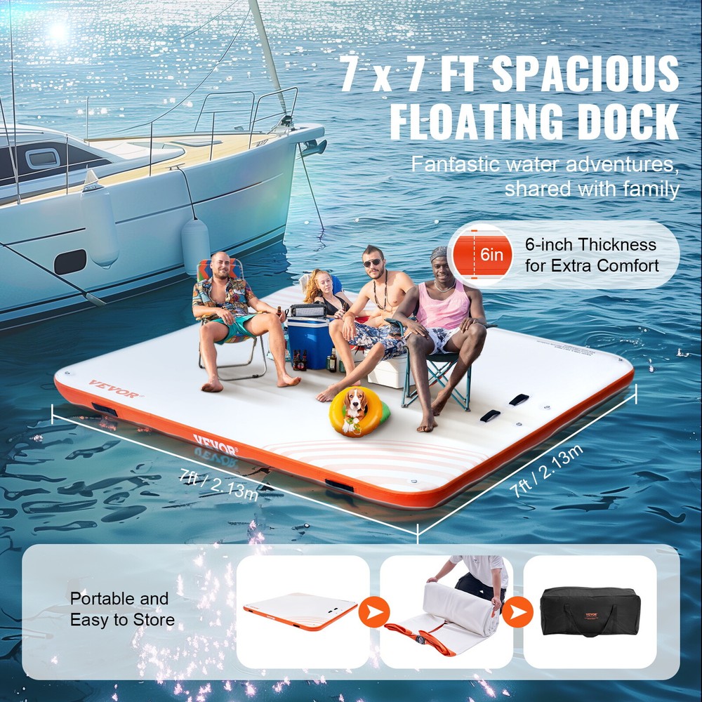VEVOR Inflatable Floating Dock 7x7FT Inflatable Dock Platform Mat with Ladder