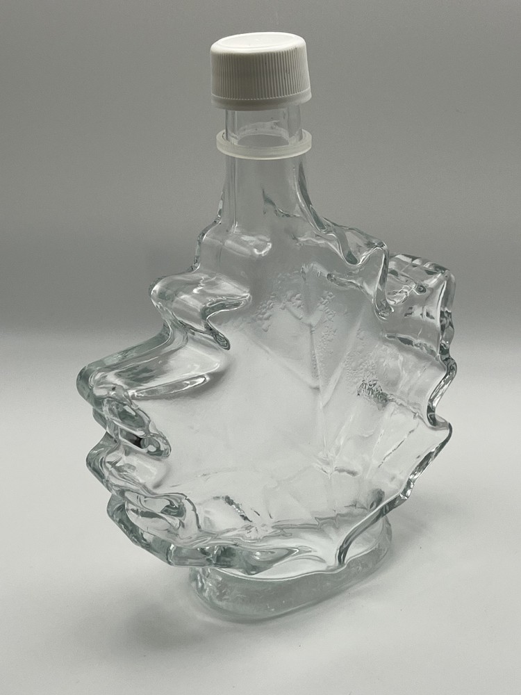 Maple Leaf Shape Clear Glass Syrup Bottle w/Top Cap Lid Front Embossed Jar Empty