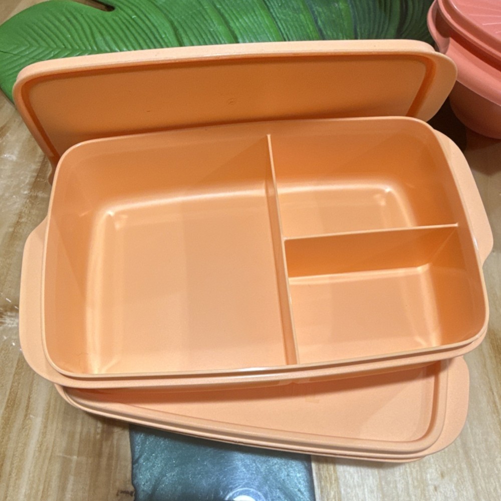 Tupperware Peach Lunch Box Set 2-Pack 3 Compartments with Lids Plastic