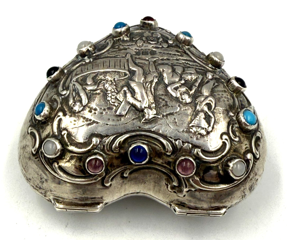 Antique Large Solid Silver Heart Shaped Box Cabochon Set With Gemstones in Lid