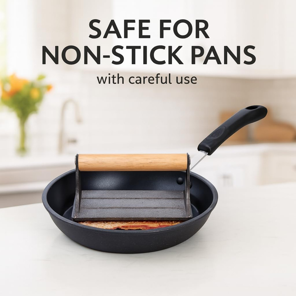 Heavyweight Cast Iron Bacon Press, Rectangular with Wood Handle, Stovetop Use