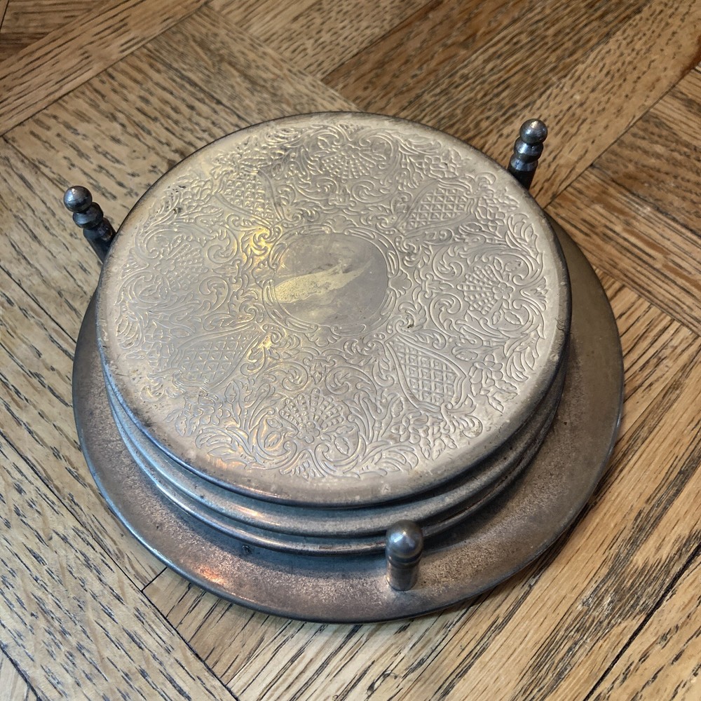 4 Embossed SilverPlate Antique Drink Coasters With Holder Unmarked.